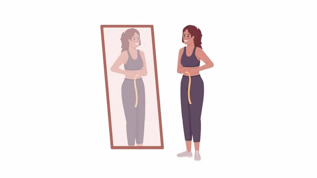 Animated woman in front of mirror. Maintain thin waist. Full body flat person on white background with alpha channel transparency. Colorful cartoon style 4K video footage of character for animation
