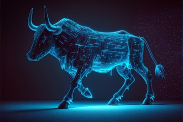 Obraz premium Neon digital bull glowing in the dark created with generative AI technology. High quality illustration