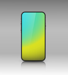 A smartphone layout with a yellow-blue gradient screen. Realistic 3D mobile phone with shadow on gray background. Front view of the device. Vector illustration.