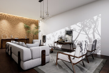 Interior of the living room in a minimalist style with the use of natural materials in the decoration and decor 3D illustration.