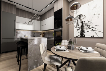 Fototapeta na wymiar Apartment, open space, kitchen dining room design, 3D illustration.