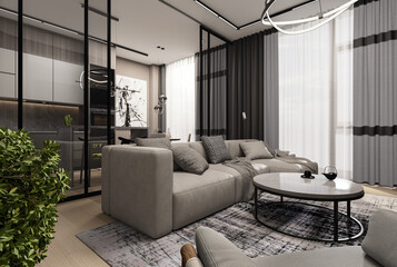 Apartment, open space, living room and kitchen design, 3D illustration.