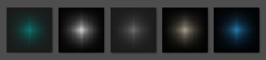 A set of abstract backgrounds with a halftone pattern on a dark gray background. Halftone pattern with different elements. The effect of a disappearing gradient. Vector illustration.