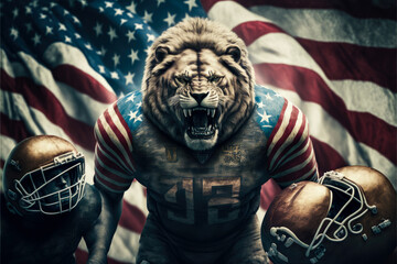Fototapeta na wymiar Lion like an american football player, ilustration, fictional character, generative ai