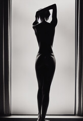 Anorexia concept skinny woman in darkness before window