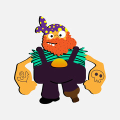 Cute cartoon pirate  sailor with red beard, wooden leg, strong hands and tattoo. Funny trendy childish  vector illustration isolated on white background.