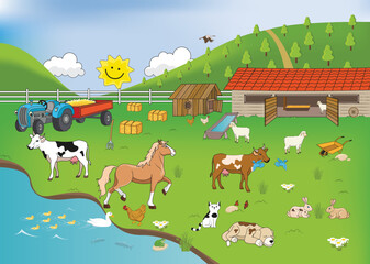 Various animals, tools, vehicles, shelters, mountains, trees and sky. A lovely farm. Vector illustration.
