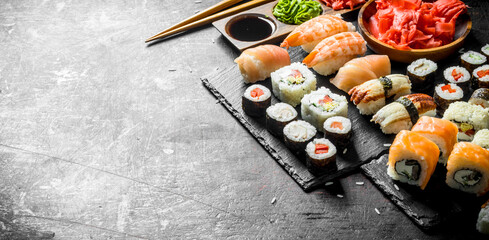 The range of different types of Japanese sushi and rolls.