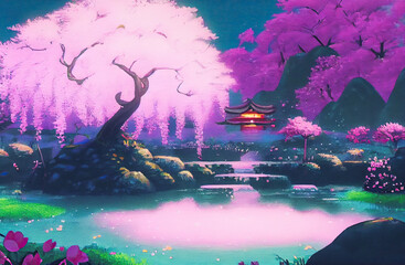 A Japanese Zen Garden In Spring Time With Blooming Cherry Trees And A Pond. Generative AI In Style Of Oil Painting
