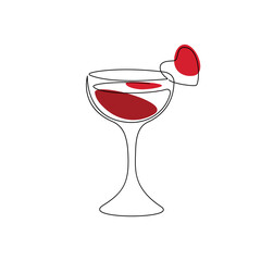 Continuous drawing in one line of a wine glass with a heart.Vector illustration isolated on a white background.