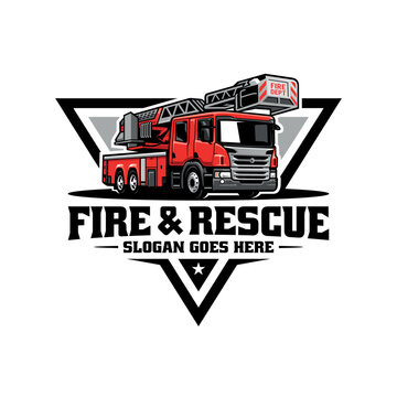 red fire truck, ladder truck illustration logo vector
