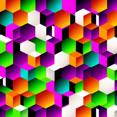 abstract background with hexagons, seamless square of colors, bright shade of green violet orange pink white black by Generative AI