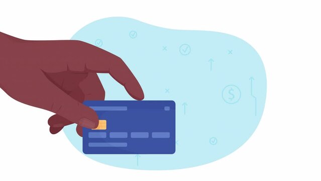 Animated paying with debit card. Financial transaction. Contactless payment. Flat 2D first view hand 4K video footage. Color isolated animation on white background for website, social media