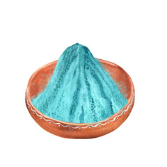 Hand-drawn watercolor blue powder in a clay bowl