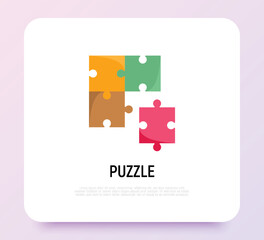 Teamwork symbol. Four pieces of puzzle. Flat icon. Trust, unity, connection. Modern vector illustration.