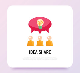 Idea sharing flat icon. Group of people is brainstorming. Teamwork. Speech bubble with light bulb. Modern vector illustration.