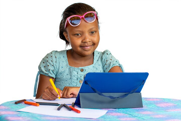 Cute little african kid looking at tablet while drawing