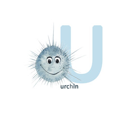 Letter U, urchin, cute kids animal ABC alphabet. Watercolor illustration isolated on white background. Can be used for alphabet or cards for kids learning English vocabulary and handwriting.