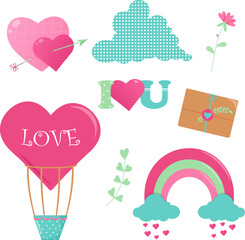 Valentine's Day sticker set on white background, vector, heart, cloud, rainbow