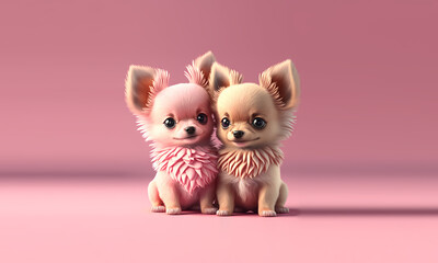Fototapeta na wymiar Two cute dogs in love on pink empty background. Puppys celebrating Valentine’s Day. Pets close to eachother in cartoon style. Fictitious generative Ai