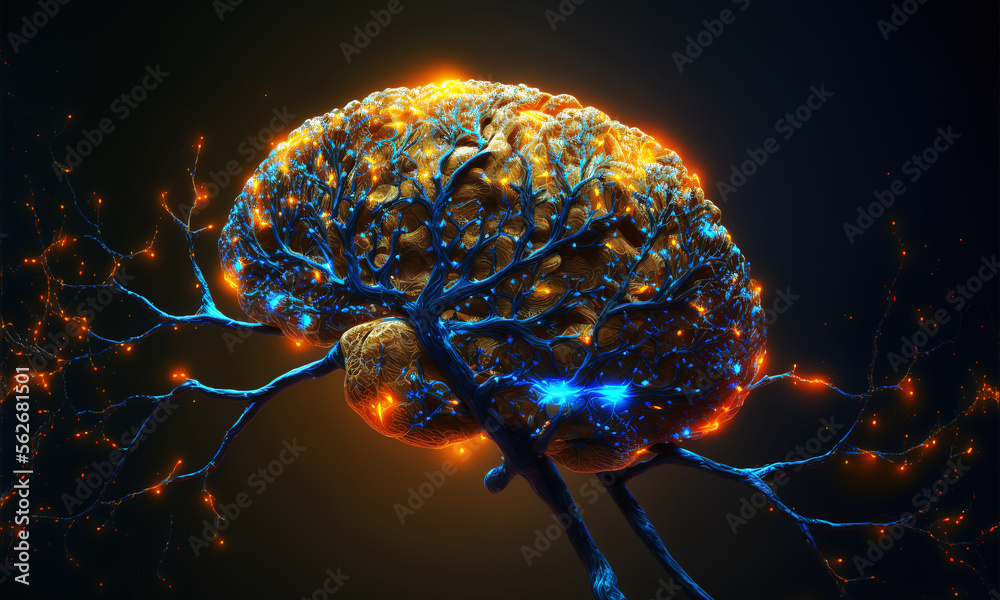 Fototapete Glowing brain background with neural links network. Illustration representing artificial intelligence neuronal activity. Generative AI