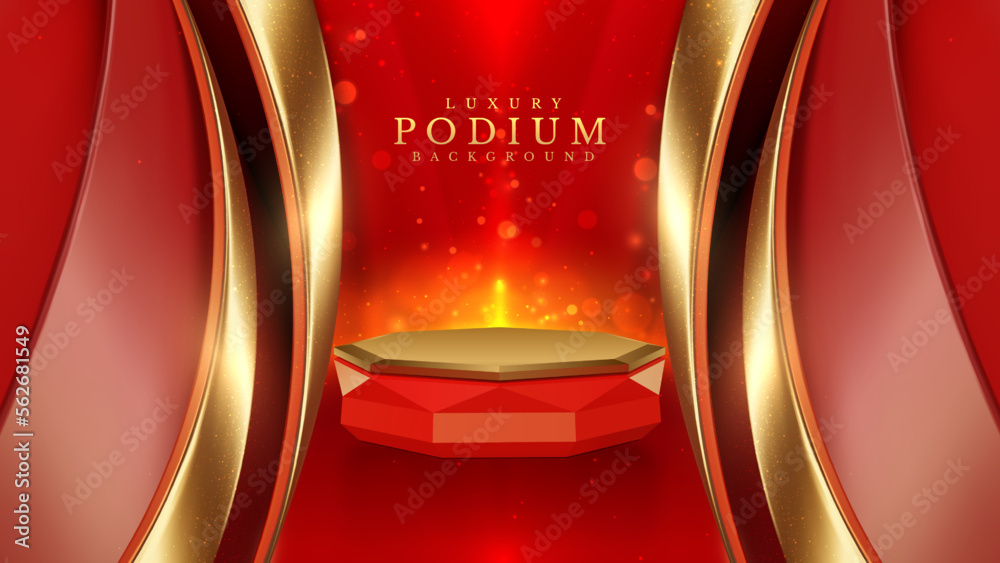 Wall mural red color podium with ribbon elements and gold lines with glitter light effect decoration and bokeh.