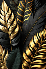 Black and gold tropical leaves background. Golden foliage leaf texture. View of palm plants. Generative ai