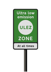 Vector illustration of the ULEZ (Ultra Low Emission Zone) road sign on black metallic pole - obrazy, fototapety, plakaty
