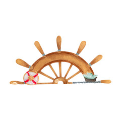 Boat steering wheel from wood. Watercolor illustration.