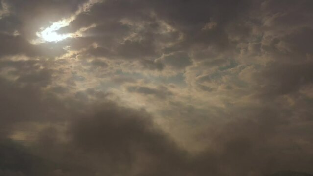 Dark clouds on sky.
Drone aerial view. 
Mountains. 