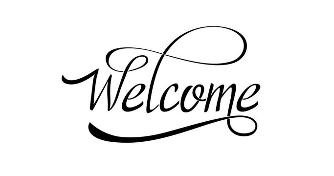Welcome animation. Handwriting with ink drops writing the script. Black letters on white background Alpha Channel. Flat design cute animated for your videos