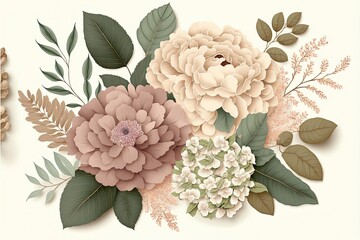 Dusty pink and cream rose, peony, hydrangea flower, ai generated