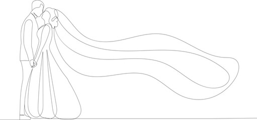 wedding bride and groom continuous line drawing, vector