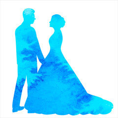 watercolor blue bride and groom silhouette design vector isolated