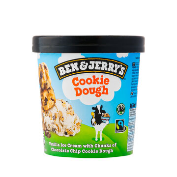 Tallinn, Estonia - January 2023: Ben Jerry's Cookie Dought Ice Cream isolated on white background. Premium handmade USA Ice cream