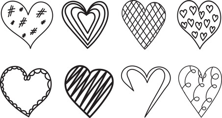 set of hearts sketch, doodle ,contour line isolated vector