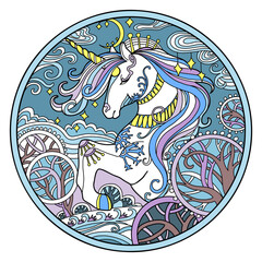 Winter unicorn ornamental color round vector illustration