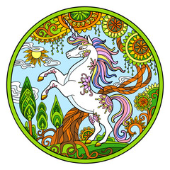Unicorn in magic forest ornamental color round vector illustration