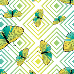 Naklejka premium Seamless pattern with funny colorful Butterflies, flowers. Color flat vector illustration for invitation, poster, card, textile, fabric. Butterfly graphic design print. Trendy animal motif wallpaper