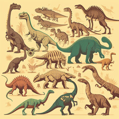 Illustration of a background of various types of dinosaurs. Generative AI.