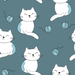 Seamless pattern with cute kitten print. Different scandy cats on color background. Scandinavian style illustration for kids. Vector illustration for fabric, textile, wallpaper, home clothing, pajama