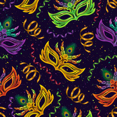 Materiał do szycia Seamless pattern with carnival masks, serpentine ribbons, streamters on dark textured background. Detailed vintage illustration for prints, apparel, clothing, surface design