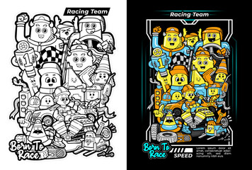 Illustration of racing team in doodle style
