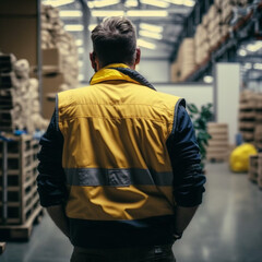 Worker with a yellow vest in a warehouse. Generative AI.