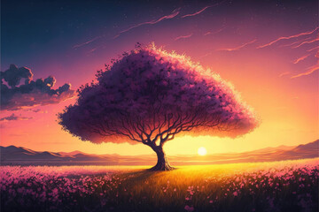 Obraz na płótnie Canvas The cherry blossom tree stood tall against the orange and pink hues of the setting sun