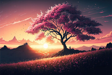 The cherry blossom tree stood tall against the orange and pink hues of the setting sun
