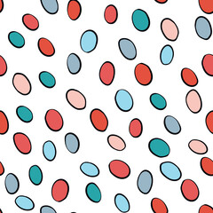 Happy Easter seamless pattern with colorful eggs on white background. Polka dots design for card, postcard, wallpaper, posters. Vector stock illustration. Cartoon style