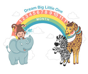 Dream big little one - baby milestone blanket template with african animals vector illustrations
