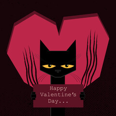 A black cat who has scratched the heart congratulates with St. Valentine's Day.  Valentine's Day card. Love celebration