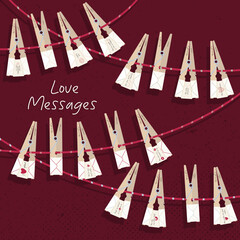 Love messages on clothespins St. Valentine's Day. Love celebration. Viva Magenta color. Different messages on each clothespin